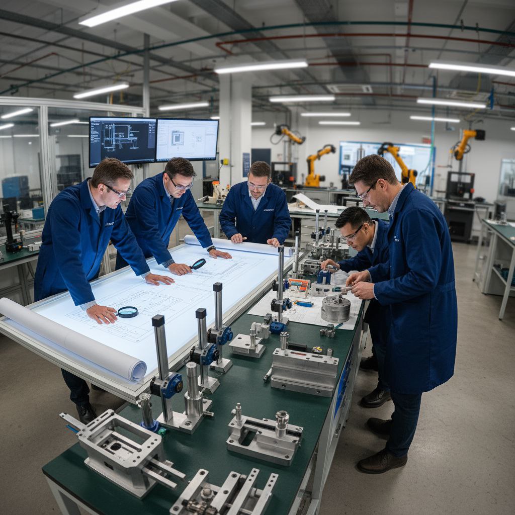 Team of engineers at Southern Precision Industries reviewing blueprints